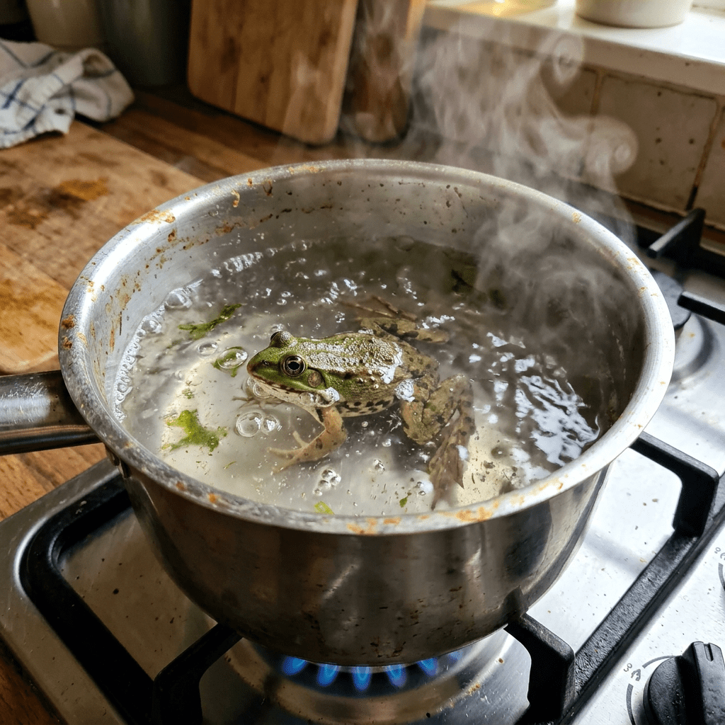 Green frog in a steaming pot of boiling water on a stove
